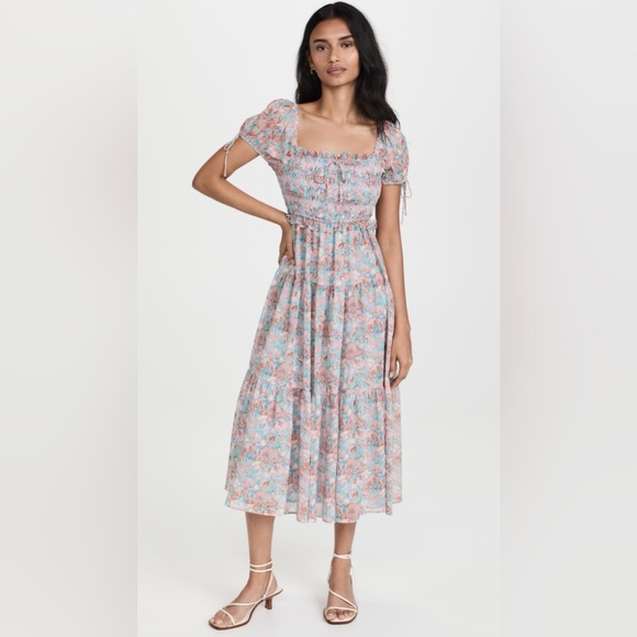 En Saison Pink Blue Floral Smocked Midi Dress - Picture 1 of 6